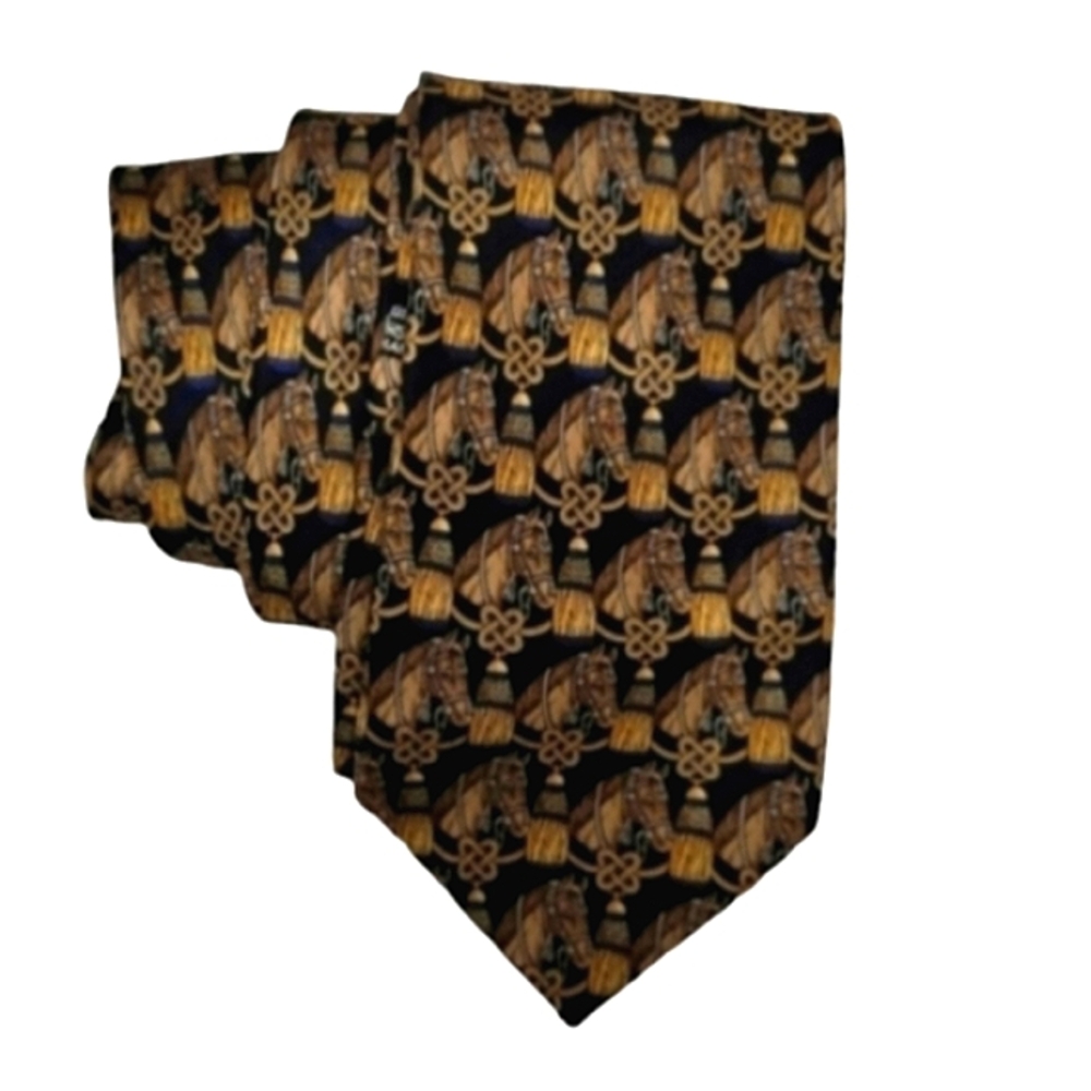 Cristian Dior Monsieur Vintage Horse Print Silk Tie Navy Blue and Gold